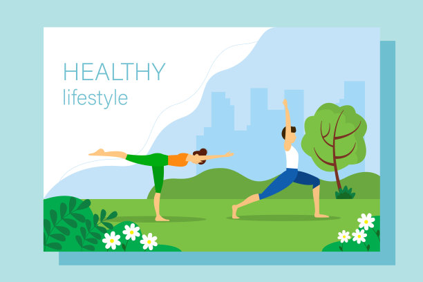 健康生活方式登陆页面模板。男人和女人在户外做瑜伽。插图。图片下载