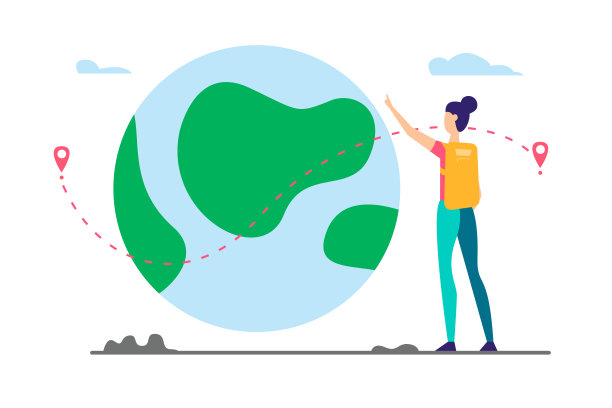 年轻女孩背着书包看着巨大的星球。旅行的概念，徒步旅行，积极的生活方式。插图。完美的网站和应用程序。图片下载