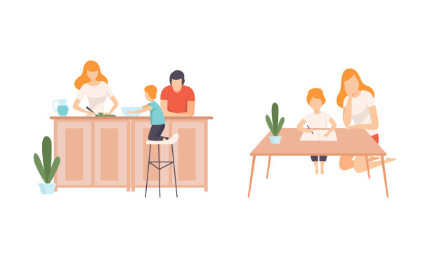 幸福家庭：父母和孩子一起做作业和烹饪矢量素材图片下载