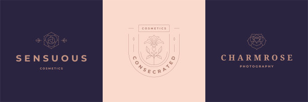 花卉符号标志设计模板集植物和玫瑰矢量插图最小的线条艺术风格图片下载