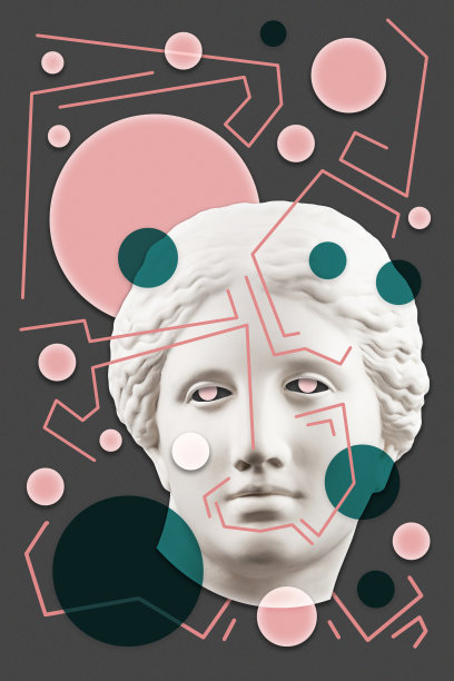 以波普艺术风格的人脸雕塑拼贴。现代创意概念形象与古代雕像头。电子杂志的文化。当代艺术海报。时髦的朋克极简主义。复古的超现实的设计。图片下载