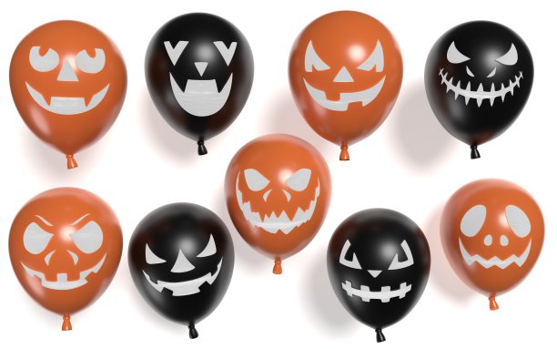 雕刻南瓜形状气球在不同的面部表情万圣节在蓝色背景图片下载