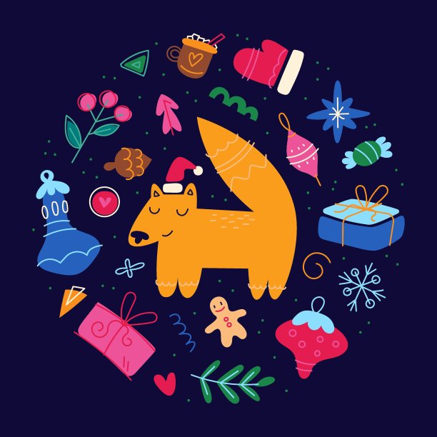 一套圣诞快乐节日元素，新年快乐集合，可爱插图，圆形构图。向量图片下载