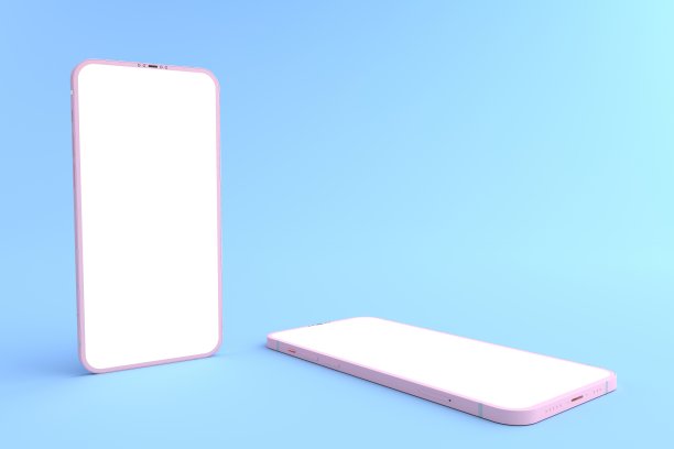 3D效果图粉色智能手机白色屏幕放在蓝色地板上，粉色手机躺在地上。智能手机白屏可用于商业广告，隔离在蓝色背景上图片下载