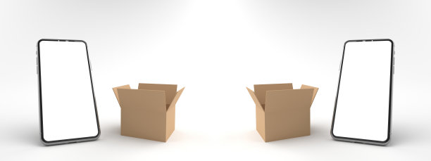 智能手机白色屏幕被纸箱包围的3D渲染，盒子正在打开。金钱的概念，手机上的业务，在线交付的概念，隔离在白色背景上。图片下载