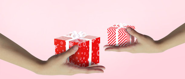 双手给予和接受一个礼物和红色礼品盒与白色丝带在粉红色的背景。Giving Concept的季节。情人节，圣诞节，新年-3d渲染图片下载