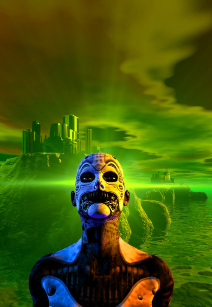 外星的电子人，城市和山脉和海洋，天空和云，3d渲染图片下载