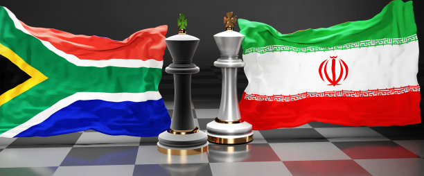 南非伊朗峰会，两国之间旨在解决政治问题的斗争或对峙，象征着一场带有国旗的国际象棋比赛，3d插图图片下载