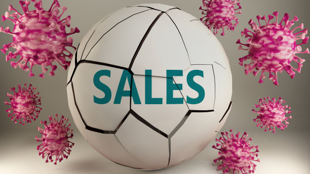 Covid-19和销售，以病毒破坏文字销售为标志，描绘冠状病毒大流行以非常负面的方式影响销售，3d插图图片下载