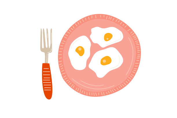 炒鸡蛋放在白色的盘子里，平面风格，配以早餐插图，适合菜单图片下载