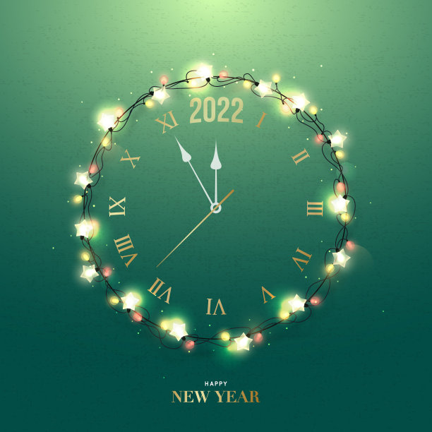 绿色墙上有圣诞花环的贺卡。现实的照明花环和时钟。圣诞快乐，恭贺新禧。股票矢量插图。图片下载