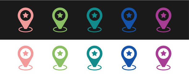 设置地图指针与星形图标孤立在黑色和白色的背景。星形最爱图钉图标。地图标记。向量图片下载