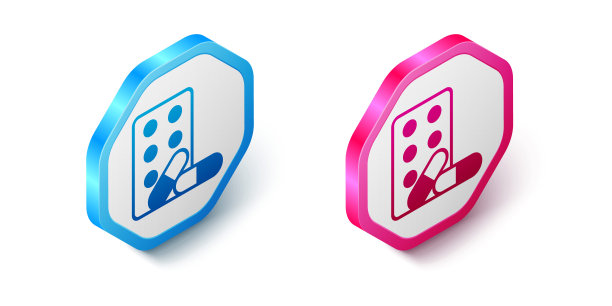 运动兴奋剂，合成药物与哑铃图标分离在白色背景。合成代谢类固醇平板电脑。药片在jar。六角按钮。向量图片下载