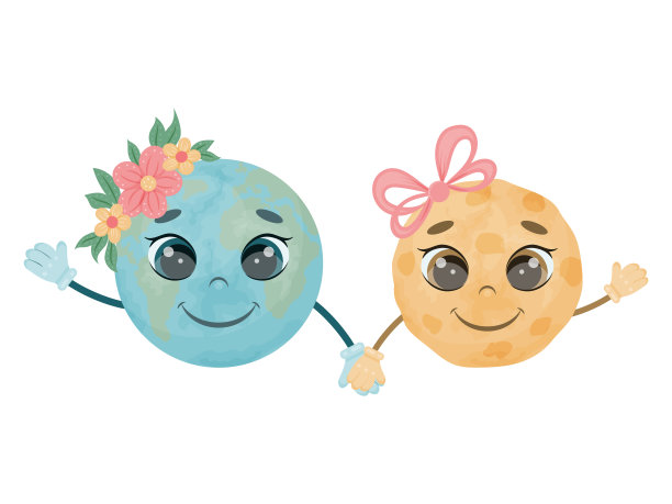 可爱的人物。童话里地球和月亮手牵手微笑。一个孩子的照片。矢量插图。卡通风格。孤立在白色的。图片下载