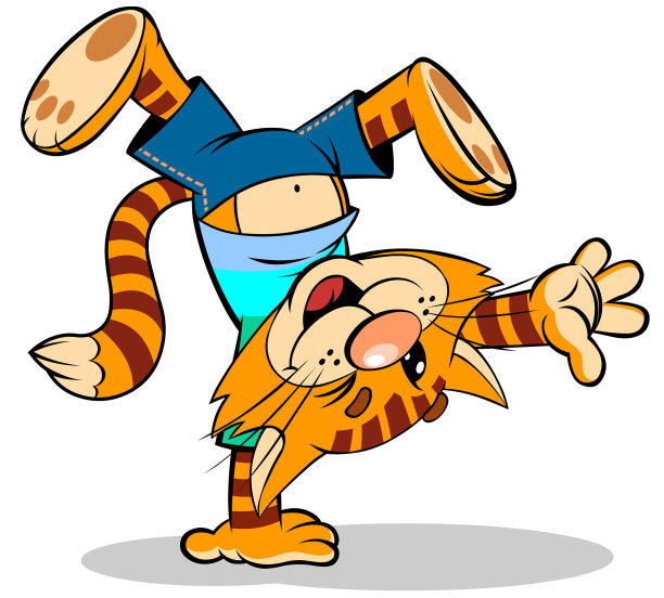 卡通红色微笑的猫站在他的双手。图片下载