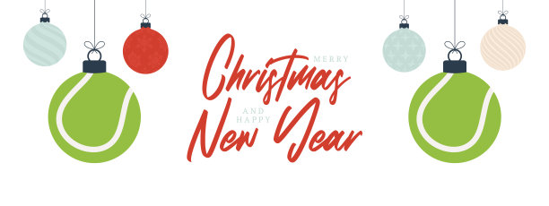 网球圣诞贺卡。圣诞快乐，新年快乐！卡通风格的运动banner。网球作为圣诞球在背景上。矢量素材。图片下载