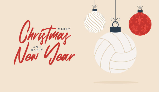 排球圣诞贺卡。圣诞快乐新年好扁平卡通体育banner。排球在背景上作为圣诞球。矢量素材。图片下载