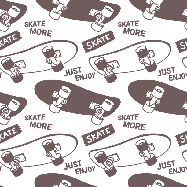 矢量插图宽板和字。滑板无缝模式与卡通滑板。白色背景上的复古线条艺术风格溜冰图片下载