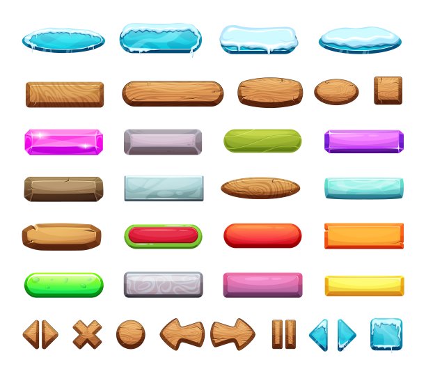 游戏ui界面元素。木制，冻结按钮，彩色卡通网页游戏设计矢量集图片下载
