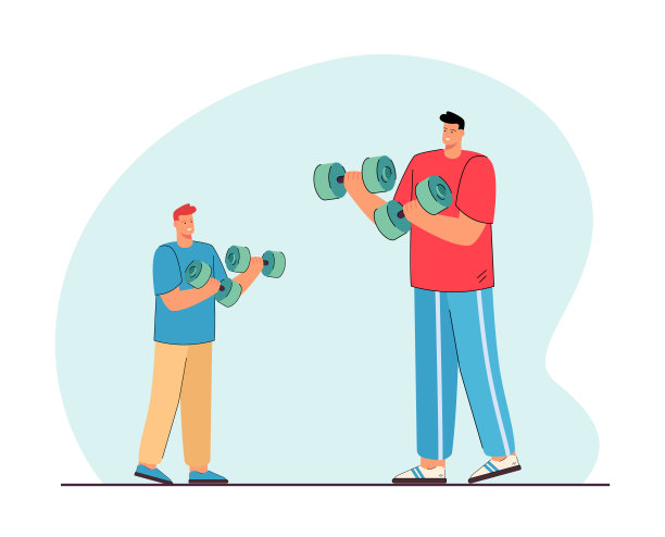 父亲和儿子一起拿着哑铃锻炼图片下载