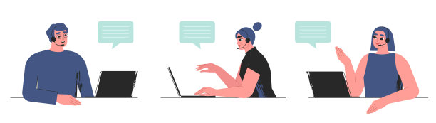 客户服务，呼叫中心集合。一套帮助台操作员，技术支持代理，顾问耳机与麦克风和笔记本电脑。联系我们的概念图片下载