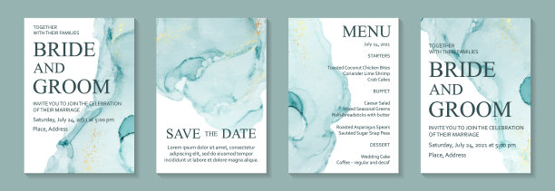 水彩背景与抽象的蓝绿色墨水波浪和金色溅在白色。图片下载