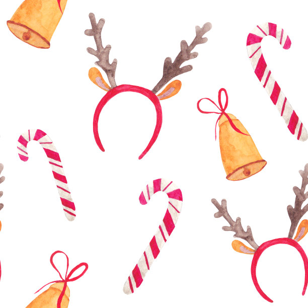 水彩无缝模式与鹿角，铃铛和棒棒糖在圣诞节风格图片下载