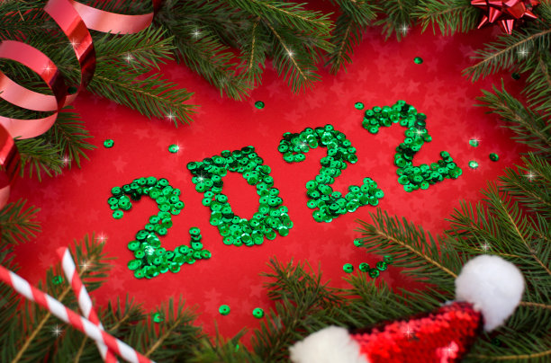 这是2022年的数字。2022年的圣诞节。红色背景上的冷杉树枝和圣诞玩具图片下载