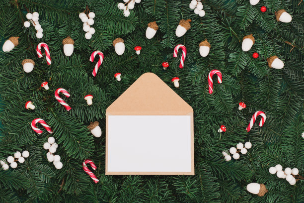 空的工艺信封和白色卡片，圣诞银色节日装饰，蘑菇，橡树树枝的背景。图片下载