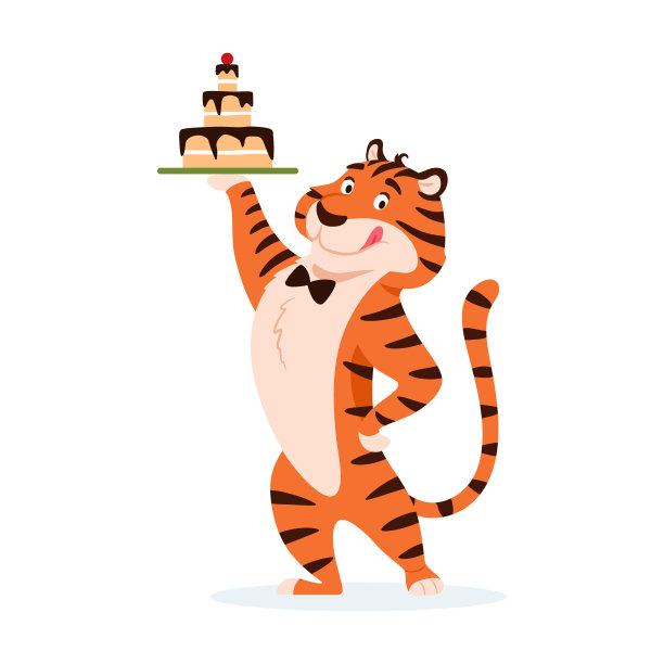 卡通可爱舔老虎与节日蛋糕孤立在白色背景。可爱快乐的野猫与美味的装饰生日巧克力饼干。愉快的条纹字符矢量插图。图片下载