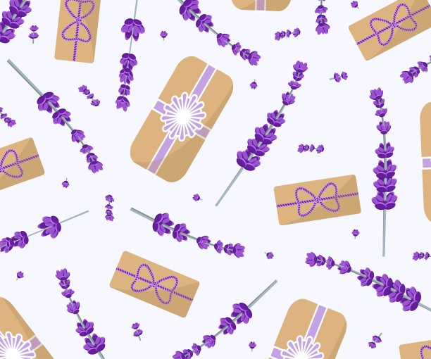 用盒子和薰衣草花装饰的节日纹理。模板的设计。图片下载