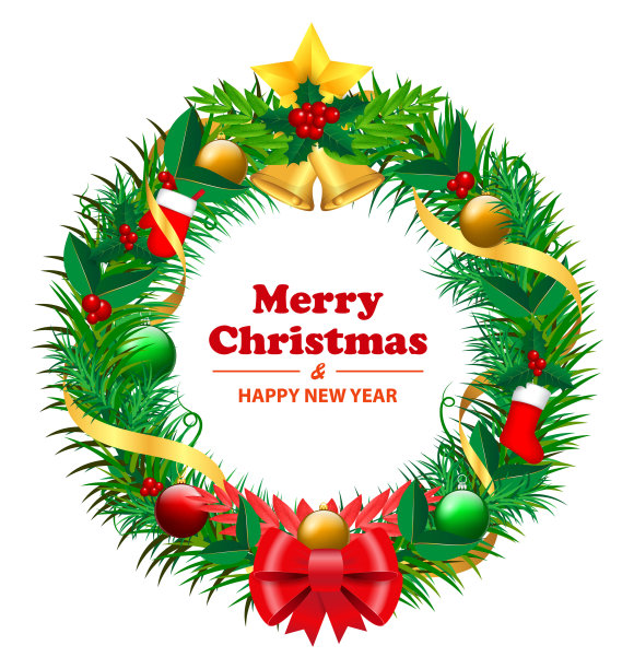 集现实的圣诞花环，花环装饰孤立的或圣诞节装饰花环与金铃和红色蝴蝶结丝带或快乐的圣诞节装饰。每股收益向量图片下载