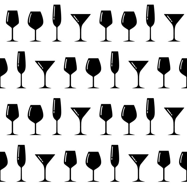 带有眼镜轮廓的图案。无尽的饮酒背景与高脚杯。假日背景与简单的标志。图片下载