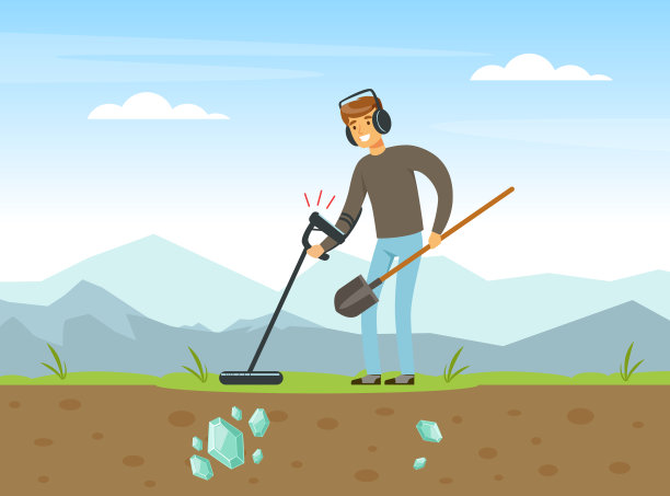 Man Treasure Hunter with Shovel and Metal Detector Finding Precious Jewel Vector插图图片下载