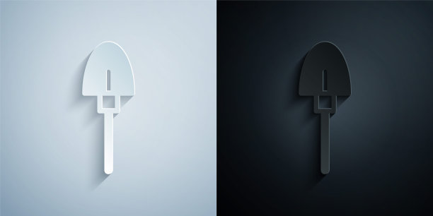 剪纸铲图标孤立在灰色和黑色的背景。园艺工具。园艺、农业、耕作的工具。纸艺术风格。向量图片下载