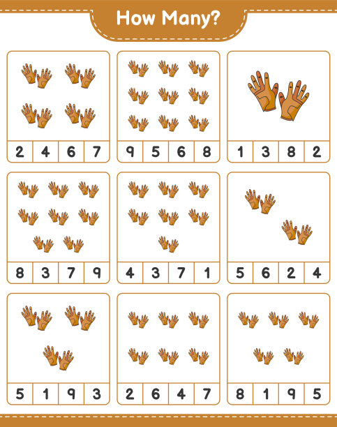 数比赛，有多少高尔夫手套。教育儿童游戏，可打印的工作表，矢量插图图片下载