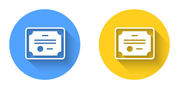 白色证书模板图标与长阴影背景隔离。成就，奖励，学位，授予，文凭的概念。圆按钮。向量图片下载