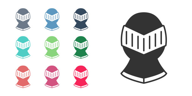 黑色中世纪铁头盔的头部保护图标孤立在白色背景。骑士的头盔。设置图标丰富多彩。向量图片下载