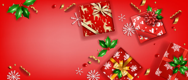 圣诞假日销售背景，向量x-mas冬季礼品盒顶部视图红色插图，雪花，冬青。图片下载