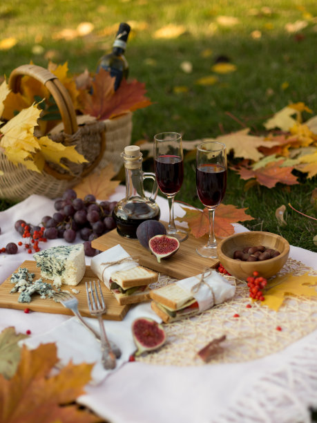 秋天的野餐，食物，水果，奶酪和红酒在草坪上与枫叶。图片下载