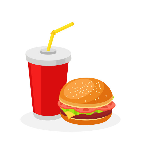 快餐午餐菜单，汉堡和苏打水色彩缤纷的平面设计图片下载