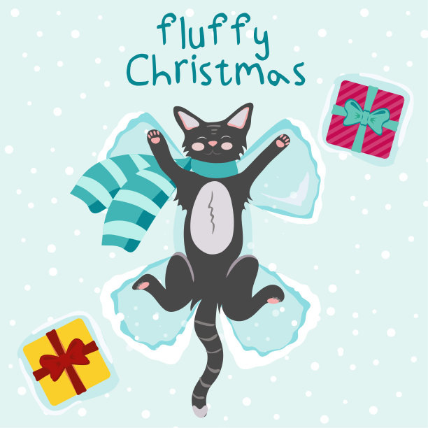 可爱的毛绒绒的猫做了一个雪天使。圣诞节的模式。向量贺卡模板与有趣的宠物。图片下载