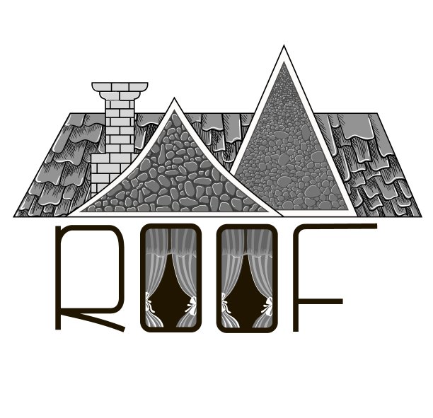 刻字。单词是drawn - Roof，字母O以窗户的形式画出来，在单词的顶部画出一个屋顶，屋顶上有一个烟囱，纹理是石头和瓦片。股票矢量插图孤立在一个白色的背景。图片下载