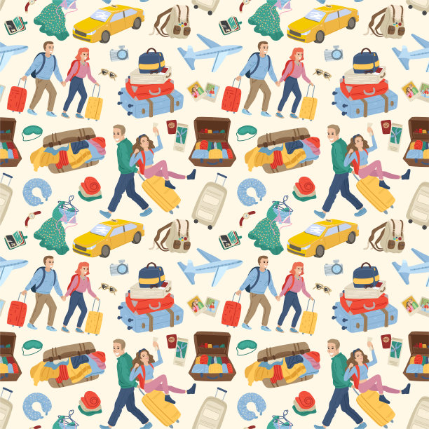 无缝模式。带着行李一起旅行的情侣。旅行的概念。向量的卡通插图图片下载