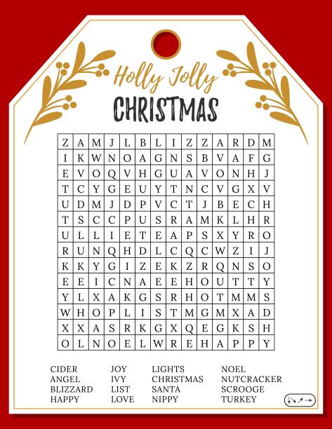 冬青快乐的圣诞单词搜索谜题。有趣的印刷活动冬季游戏。可爱的节日派对游戏。DIY模板。图片下载