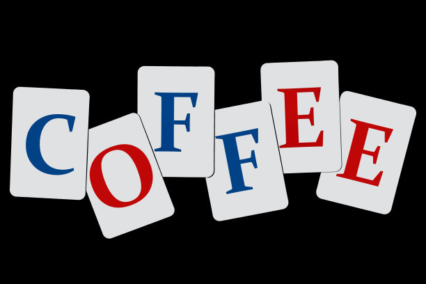“咖啡”这个词是由蓝色和红色的字母组成的，它们写在黑色背景上的白色卡片上图片下载