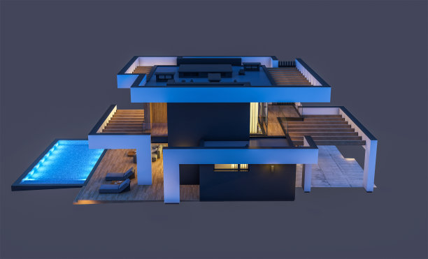 3d渲染的现代住宅豪华风格在夜间孤立在黑色图片下载