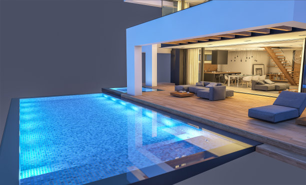 3d渲染的现代住宅豪华风格在夜间孤立在黑色图片下载