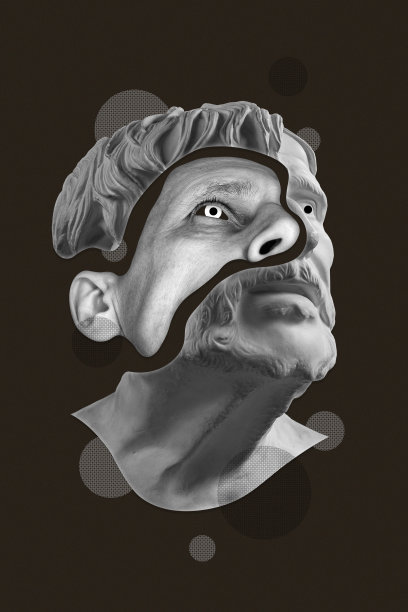 以超现实的波普艺术风格，用细节拼贴阴郁的男性脸和雕像的头。严肃的人脸和雕像头的现代创意形象。电子杂志的文化。当代艺术海报。时髦的极简主义。图片下载