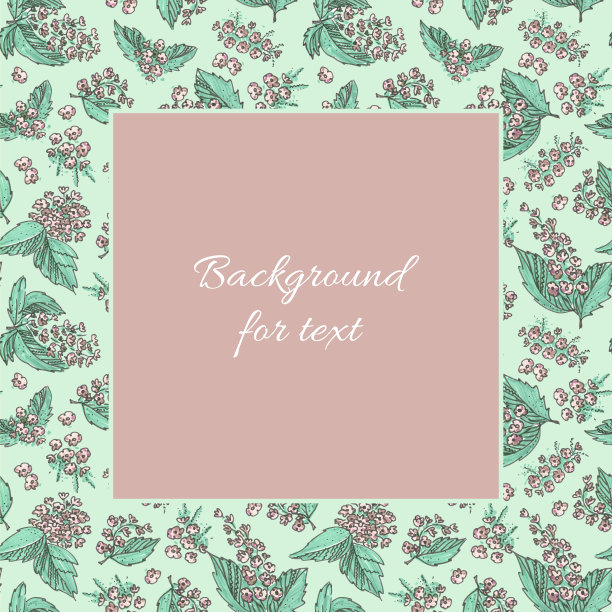 模板背景假日花绿松石无缝模式。正方形灰色背景文本。感觉钢笔粉红色的花朵与绿色的叶子元素的风格涂鸦为网络横幅。图片下载